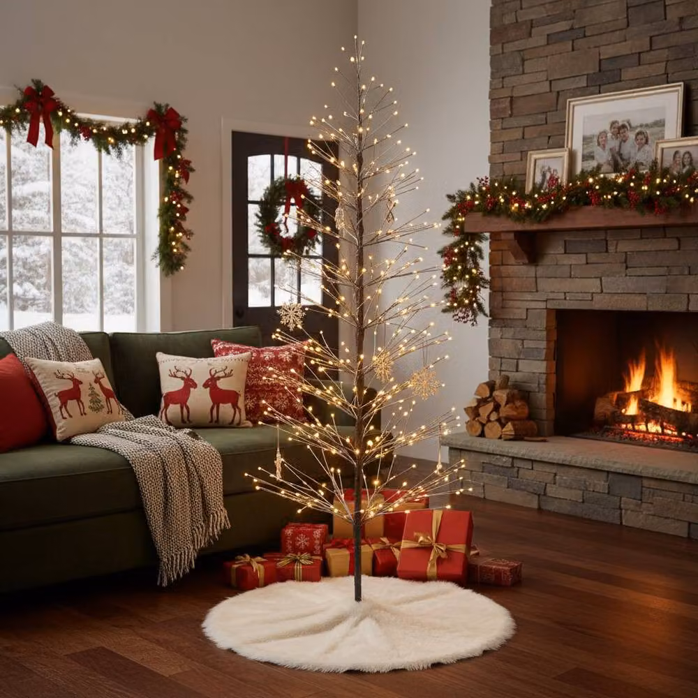 Shatchi 6ft Pre-Lit Snow Flocked Twig Tree with Warm White LEDs in White – 3