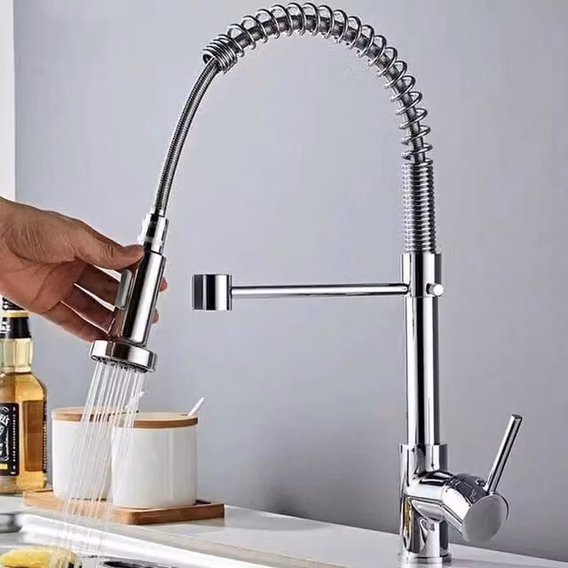 NESTLUNE Modern Pull Out Kitchen Mixer Tap with Dual Spout and Single Lever in Chrome Silver – 1