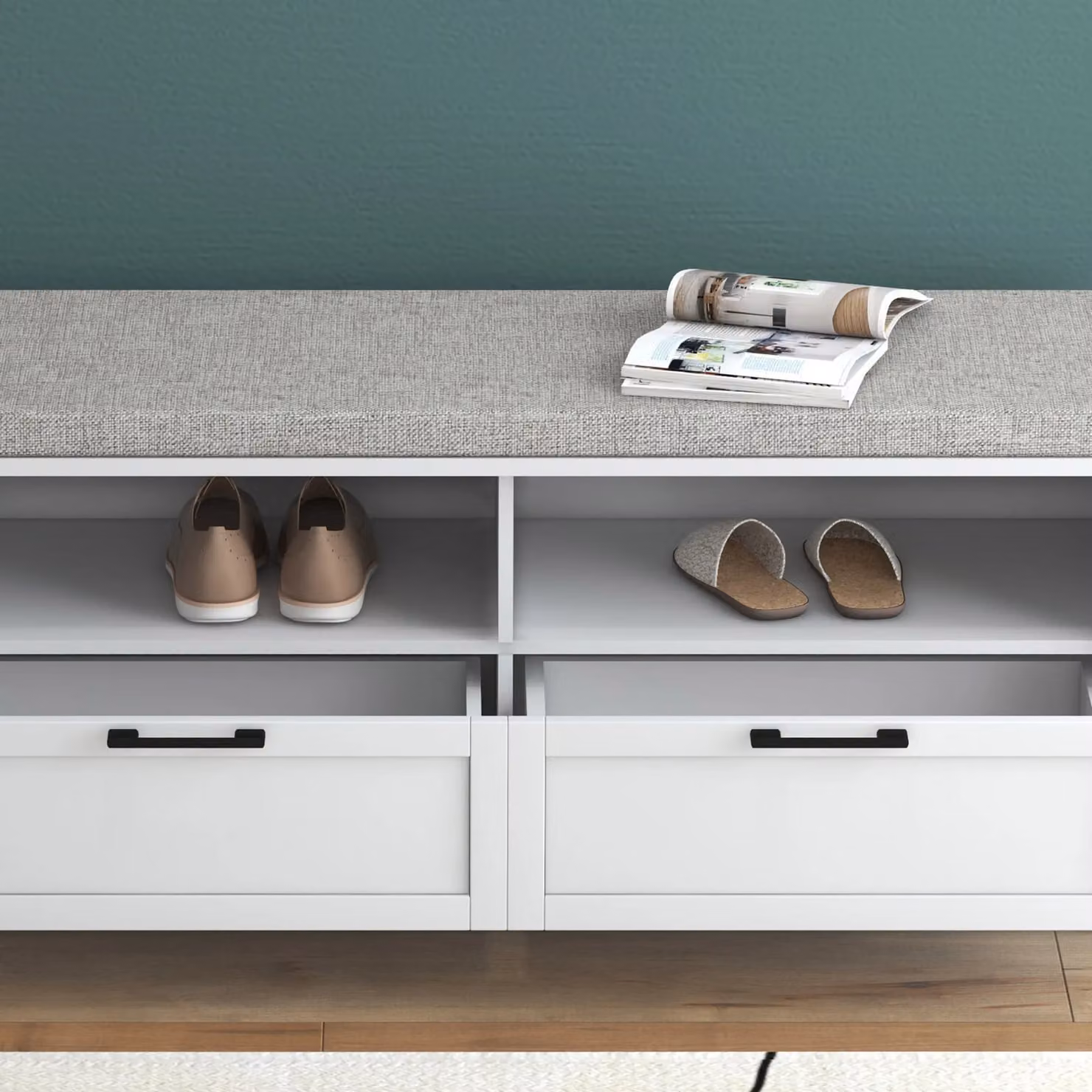 HOMCOM Modern Shoe Storage Bench with Padded Fabric Seating and Hallway Organiser in White or Beige – 5