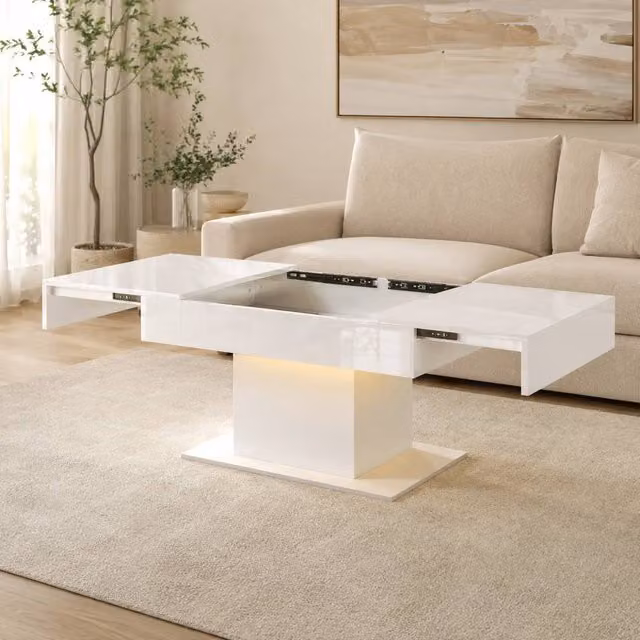 STILVORA Extendable Modern Coffee Table with Storage in White Glossy MDF – 1
