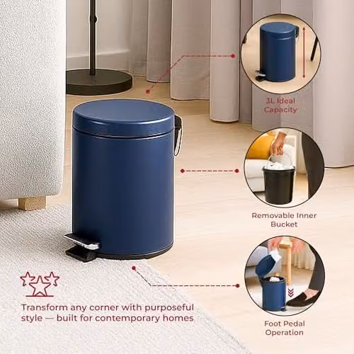 iTrend Blue 3L Pedal Dustbin and Toilet Brush Set with Holder, Made from Powder Coated Steel and Stainless Steel – 2
