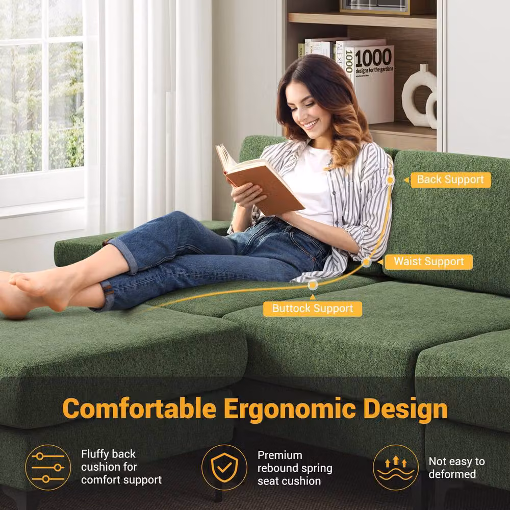 Dprodo 2-Pack Green Chenille L-Shape Corner Sofa Set, 4 Seater Modern Upholstered Couch – 7