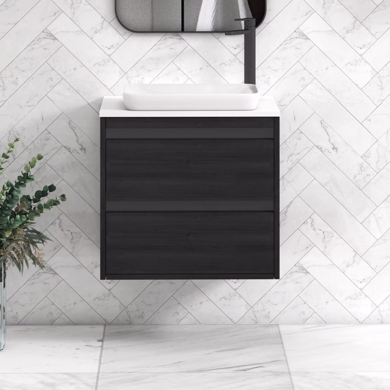 Royal Bathrooms Orion 600mm Hale Wall Hung Vanity Unit with Qubix Basin and 2 Drawers in Plain White and Black Accent Trim