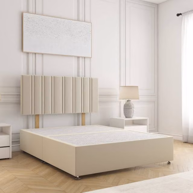 BSSPOKE Sienna Small Double Divan Bed Frame with 24 inch Plush Velvet Headboard in Cream