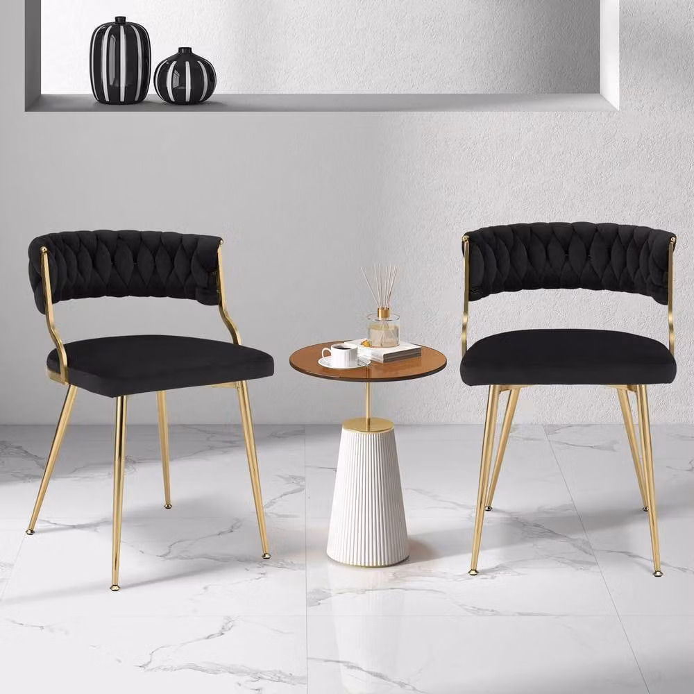 Costway Set of 2 Black Velvet Upholstered Armless Dining Chairs with Woven Back and Gold Metal Legs – 2