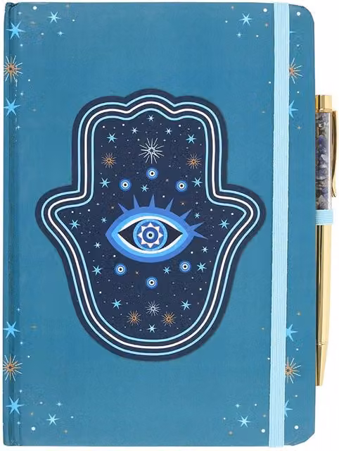 Kingsbury Gifts Hand of Hamsa A5 Lined Hardcover Notebook with Bookmark and Turquoise Blue and Gold Crystal Chip Pen