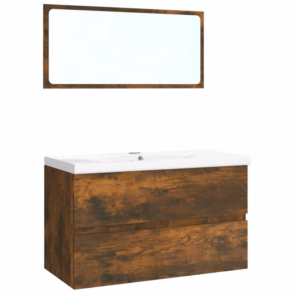 Berkfield Home Modern Wall Mounted Bathroom Furniture Set with Vanity Unit and LED Mirror Cabinet in Smoked Oak Brown and White, W/D/H: 80 x 39.5 x 45 cm – 2