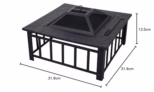HIRIX 3 in 1 Outdoor Fire Pit Table in Black, Multifunctional Metal Firepit with BBQ Grill, Mesh Lid and Poker for Garden, W/D/H: 31.9 x 31.9 x 31.9 cm – 8
