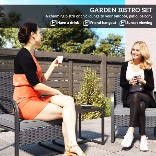 Outsunny 3 Piece Rattan Garden Bistro Set with Cushions in Black – 3
