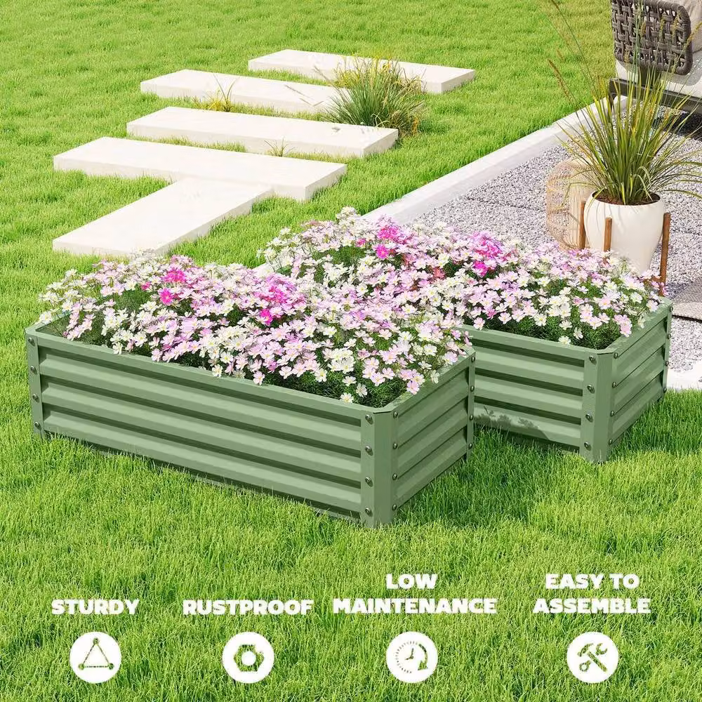 KORVIXA Set of 2 Green Galvanised Steel Raised Garden Bed Planter Boxes – 4