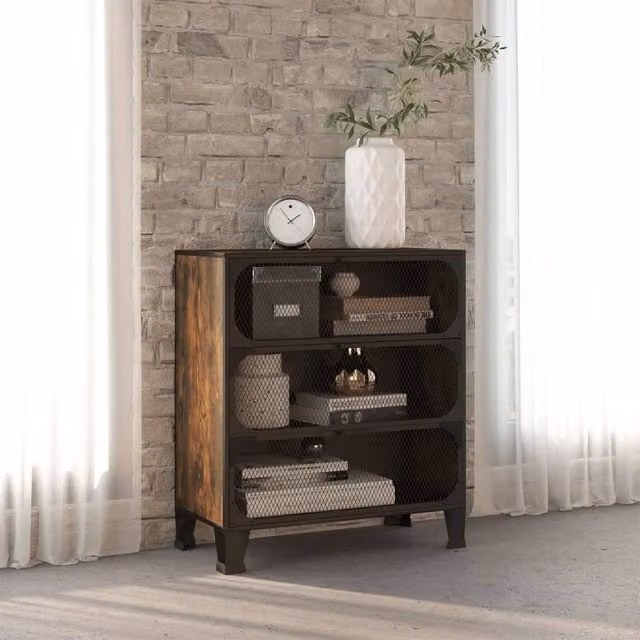 Berkfield Home Industrial Storage Cabinet in Brown with Glass Doors, Metal and MDF, W: 72 cm, D: 36 cm, H: 82 cm – 1