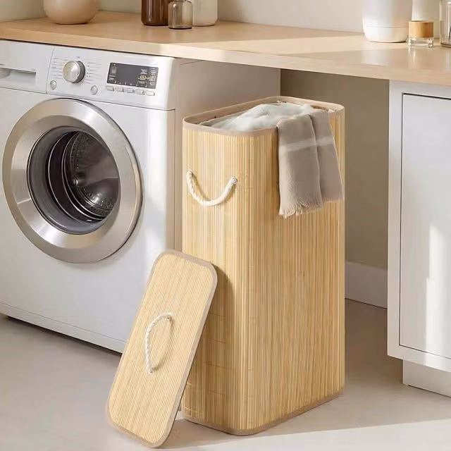 The Bazaarist Rectangular Bamboo Laundry Hamper with Lid and Removable Bag, Brown and Beige, W/D/H: 70.0 x 22.0 x 22.0 cm