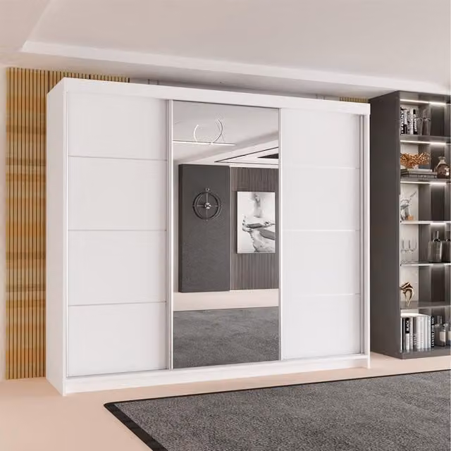Sliding Wardrobes 4 u Modern White 3 Door Sliding Mirror Wardrobe with Internal Drawers and Shelves