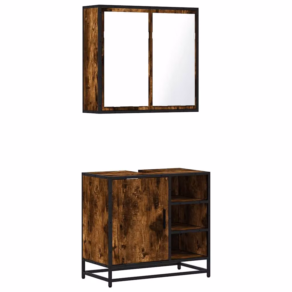 Berkfield Home 2 Piece Industrial Bathroom Furniture Set with Vanity Unit and Mirror Cabinet in Brown Smoked Oak – 2