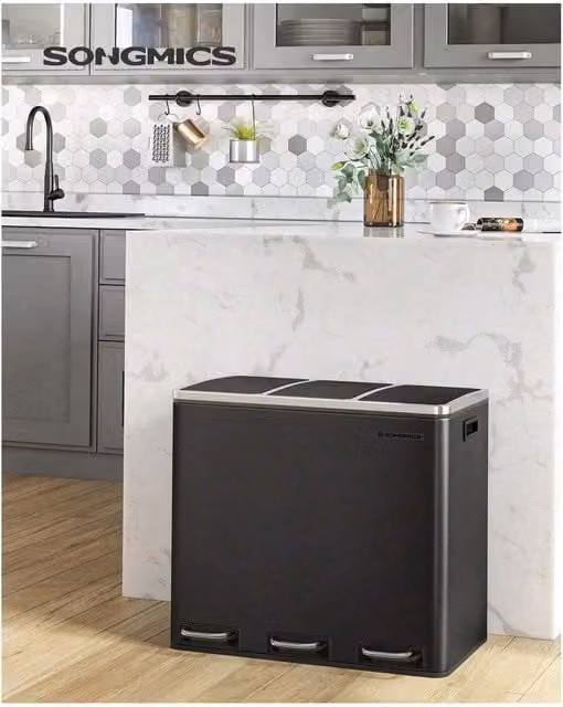 SONGMICS 3-Compartment Kitchen Recycling Bin with Pedal and Soft-Close Lid, Black