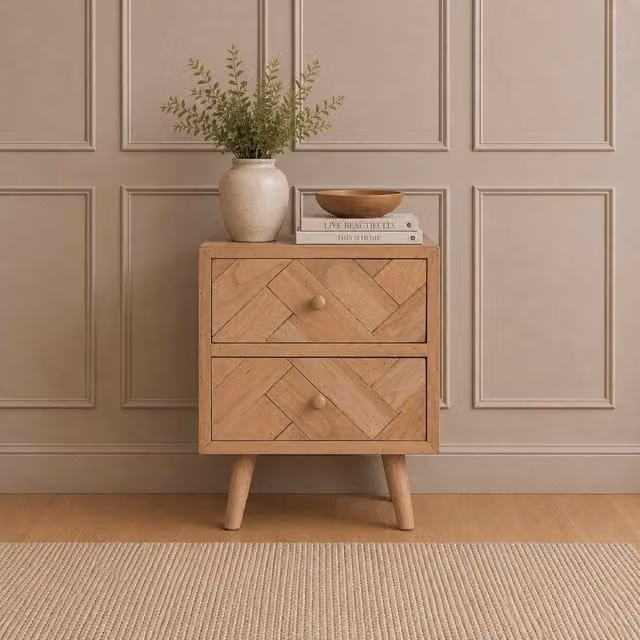 Elm Home And Garden Rustic Solid Mango Wood Bedside Table with 2 Drawers in Brown