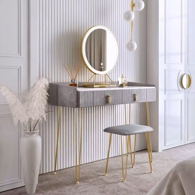 CARME Tokyo Glow Velvet Dressing Table with LED Touch Sensor Mirror in Dove Grey