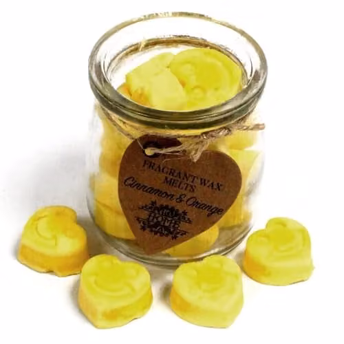 KDMD Cinnamon and Orange Soy Wax Melts in a Yellow Glass Jar