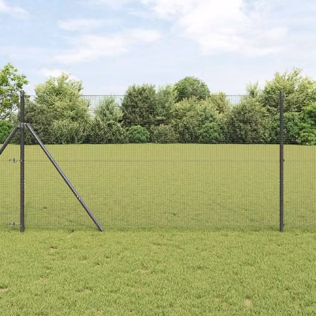 Berkfield Home Grey Steel Welded Wire Fence with 7 Round Posts, W: 10 m, H: 1.4 m
