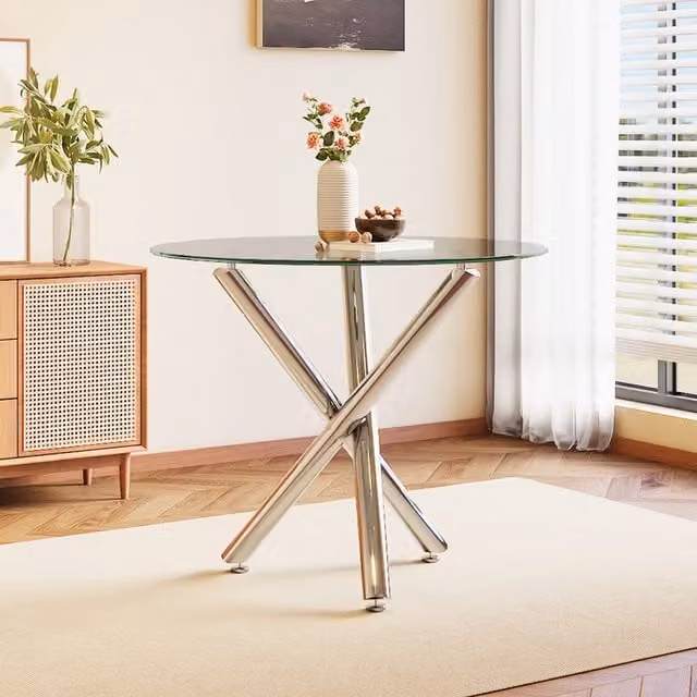 Livingandhome Modern Round Dining Table with Transparent Tempered Glass and X-Frame Metal Base