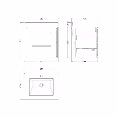 Balterley Longnor Wall Hung 2 Drawer Vanity Unit with Marble Top Basin, Antique Oak, W/D/H: 62 x 47 x 61.7 cm – 2