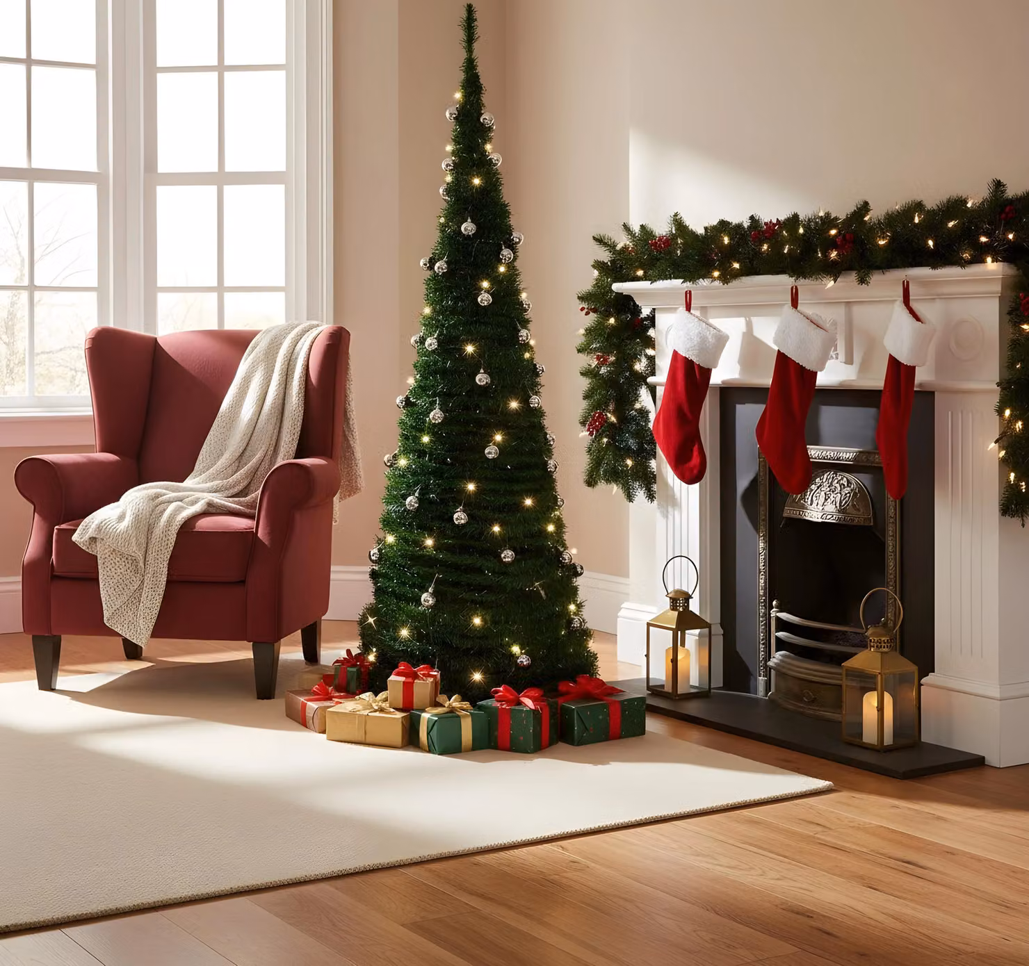 Shatchi 5ft Prelit Pop Up Christmas Tree with Silver Baubles and Battery Operated Warm White LED Lights in Green – 3
