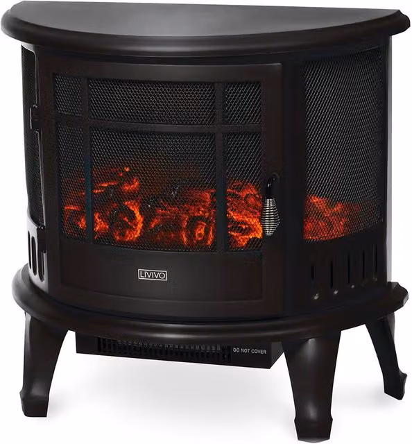 LIVIVO 1800W Log Fire Effect Panoramic Glass Heater in Black