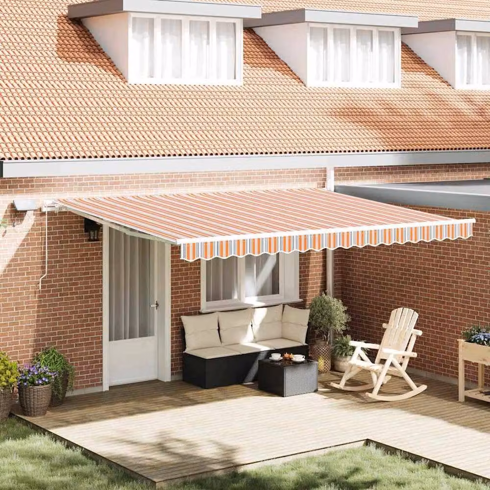 Berkfield Home Manual Retractable Wall-Mounted Awning with Multicolour LED Striped Acrylic Fabric, W: 450 cm, D: 300 cm – 2