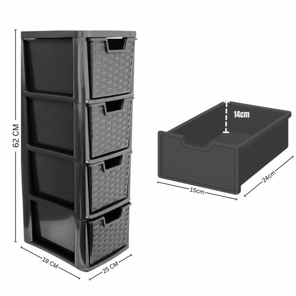 FORGEVIO Set of 2 Black 4 Tier Medium Rattan Effect Plastic Drawers – 2