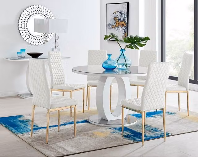 FurnitureboxUK Giovani Round Dining Set with Grey Glass Table and 4 White Milan Chairs with Gold Legs, Diameter: 120 cm