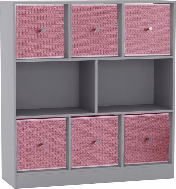URBNLIVING 8 Cube Bookcase in Grey with 6 Pastel Pink Fabric Storage Drawers