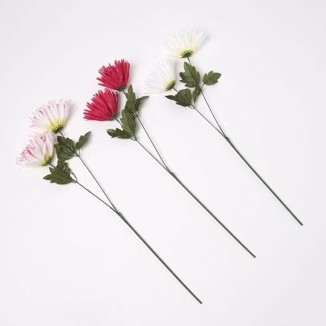 Homescapes Artificial Chrysanthemum Single Stem Set of 3, Height: 60 cm, Pink, Green and White