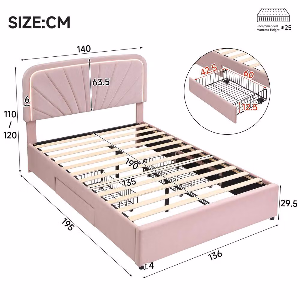 Merax Double Velvet Upholstered Bed Frame with 2 Storage Drawers, Pink, W: 140 cm, D: 190 cm, H: 115 cm – 2