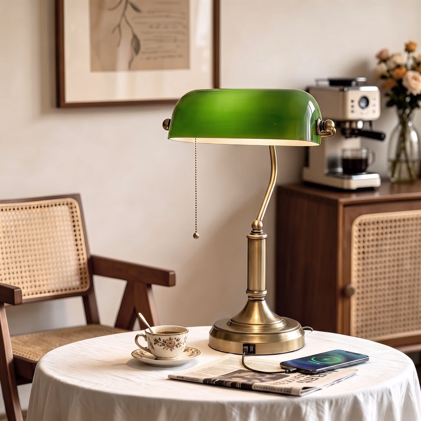 HOMCOM Vintage Banker's Desk Lamp with USB Ports, Bronze Base and Green Glass Shade, Pull Chain Switch – 2