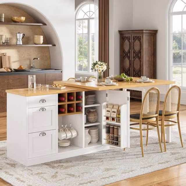 Merax Kitchen Island Sideboard with Extendable Dining Table and Wine Rack in White – 1