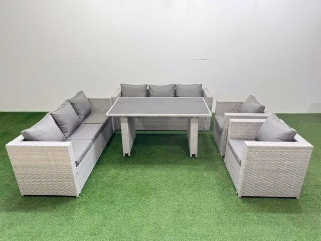 Fimous 8 Seater Outdoor Dining Set with 3 Seater Sofa and Armchairs in Light Grey