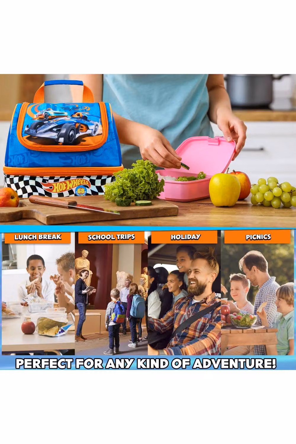Hot Wheels Insulated Kids Lunch Bag with Dual Compartments in Blue – 7