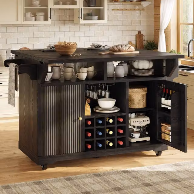 Merax Black Kitchen Island Trolley with Double Drop Leaf and Wine Rack, W/D/H: 142.5 x 80 x 95 cm
