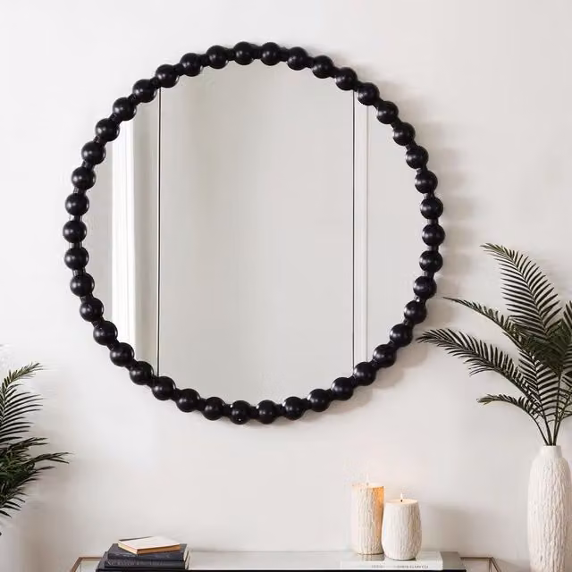 Home Garden Direct Como Large Round Beaded Wall Mirror in Black, Diameter: 90 cm – 1
