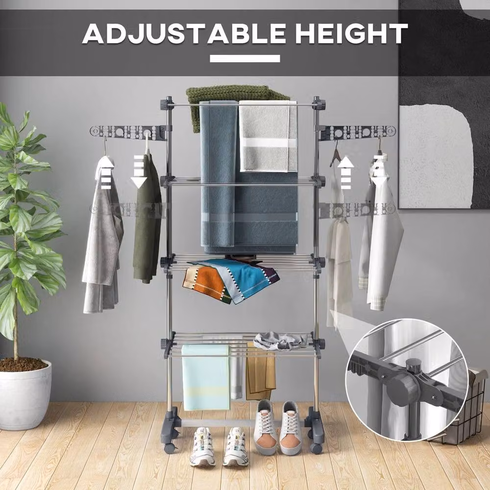 FORGEVIO 4-Tier Large Stainless Steel Clothes Airer in Grey, Foldable Drying Rack with Wheels – 2