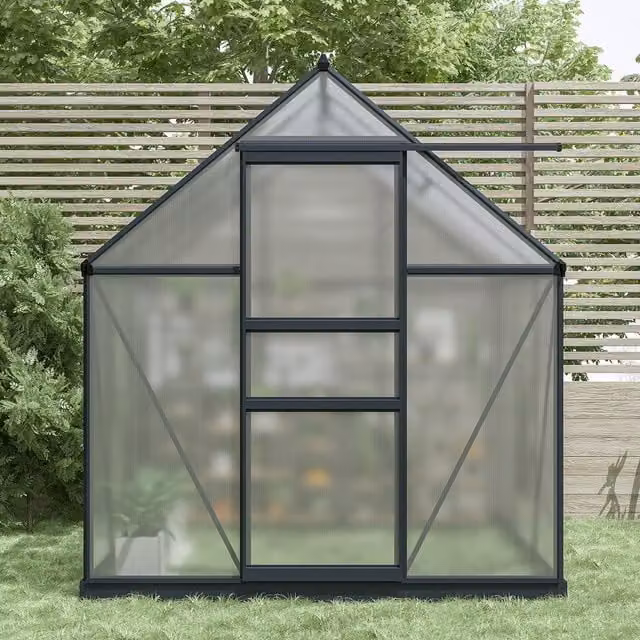 Charles Bentley Grey Polycarbonate Greenhouse with Sliding Windows and Gable Roof