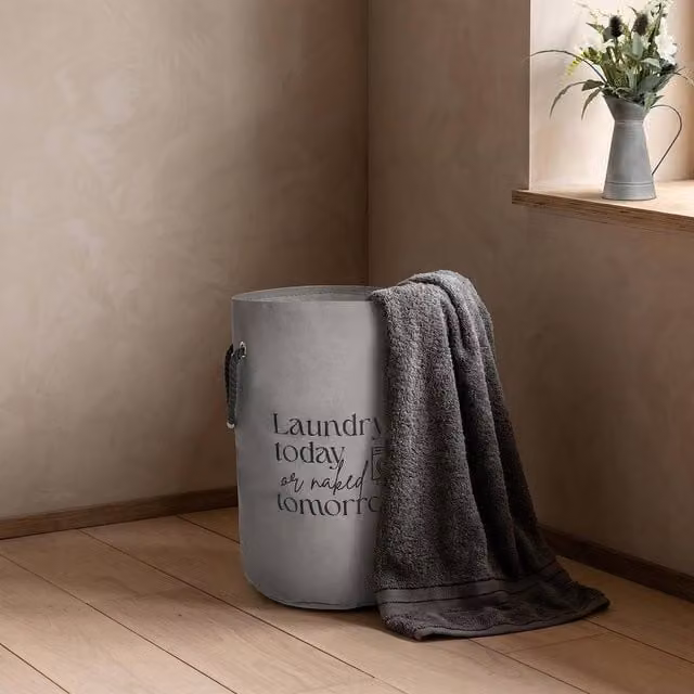 OHS Slogan Round Collapsible Fabric Laundry Hamper Bag with Rope Handles in Grey – 1