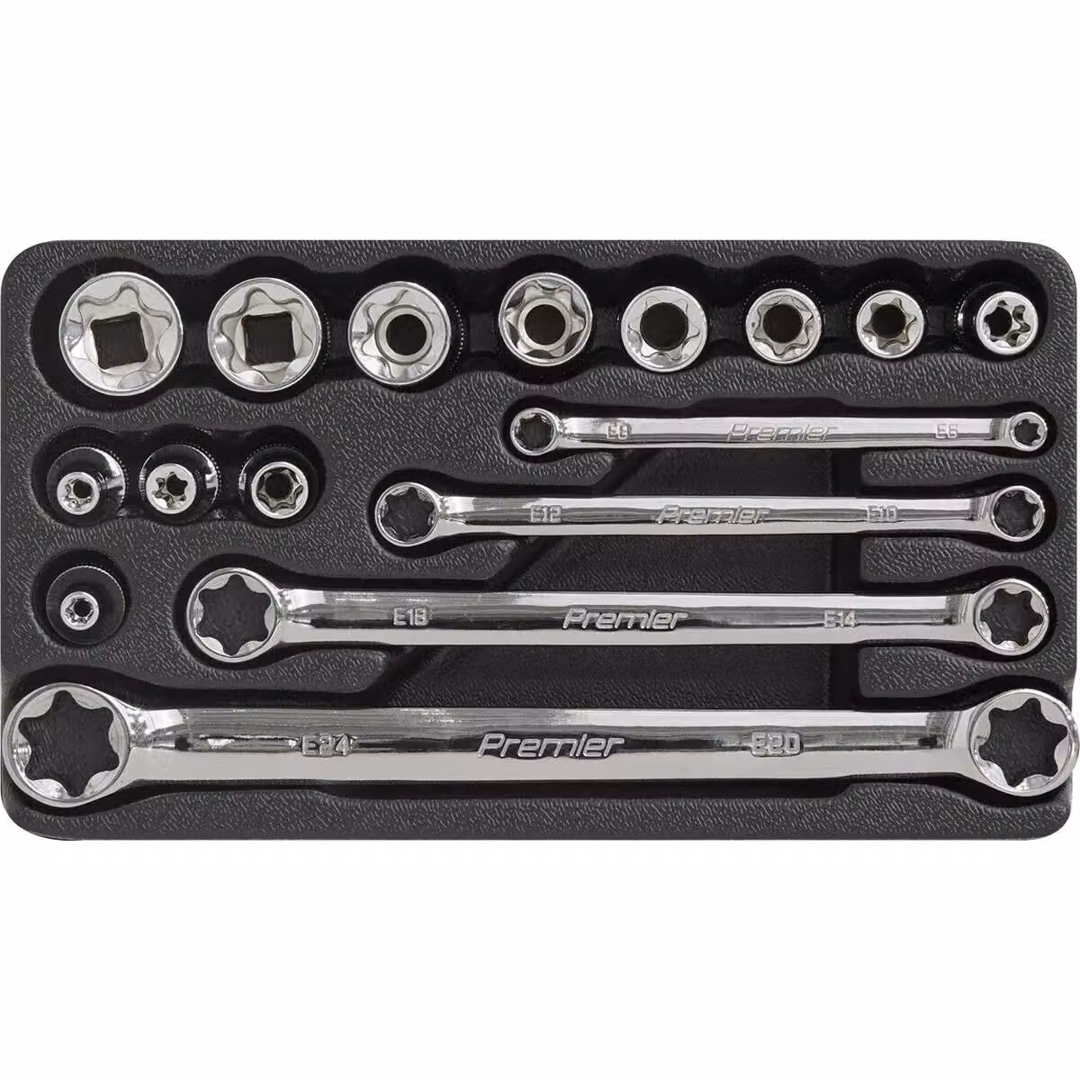Loops 16 Pack TRX Star Socket and Spanner Set, 3/8 inch Square Drive, Chrome Vanadium Steel, Silver – 4