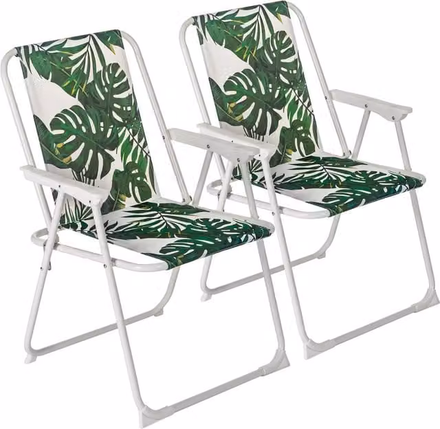 Harbour Housewares Set of 2 Folding Metal Beach Deck Chairs with Armrests in Yellow and White Banana Leaf Floral Design