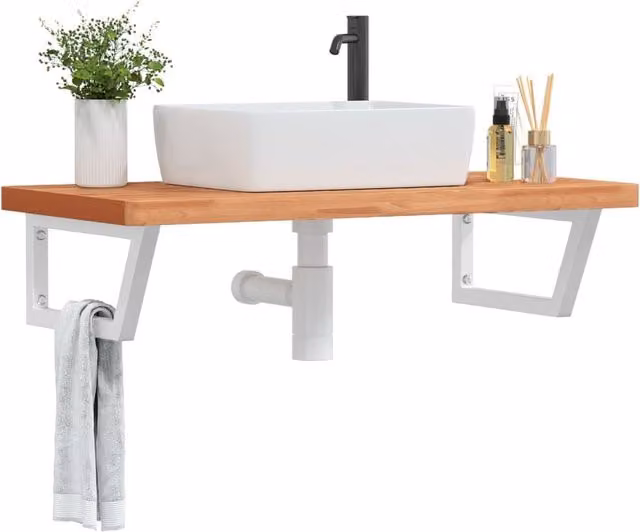 Berkfield Home Wall Mounted Basin Shelf in Brown Steel and Solid Beech Wood