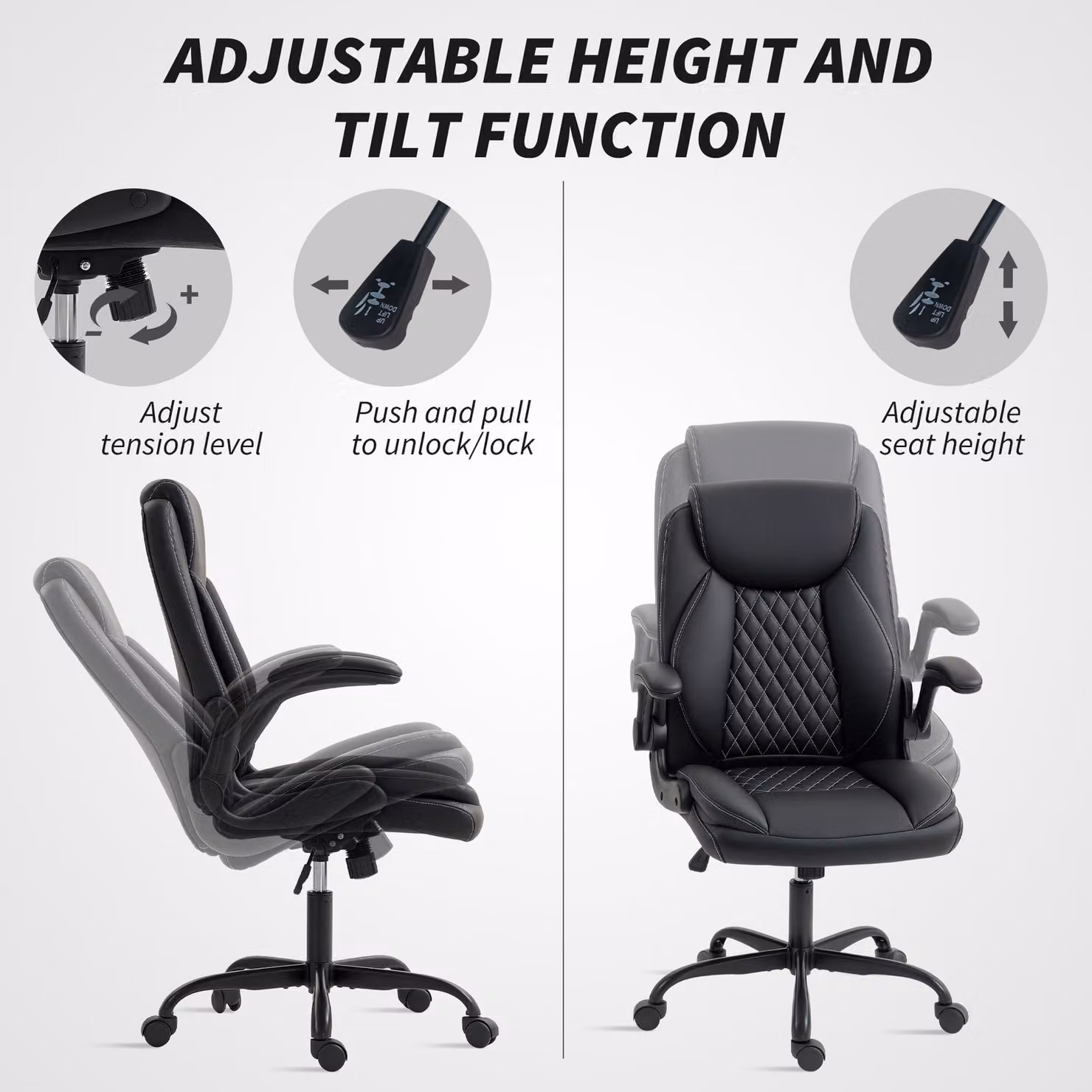 HOMCOM Black Faux Leather Office Task Chair with Flip-Up Armrests and Headrest – 4