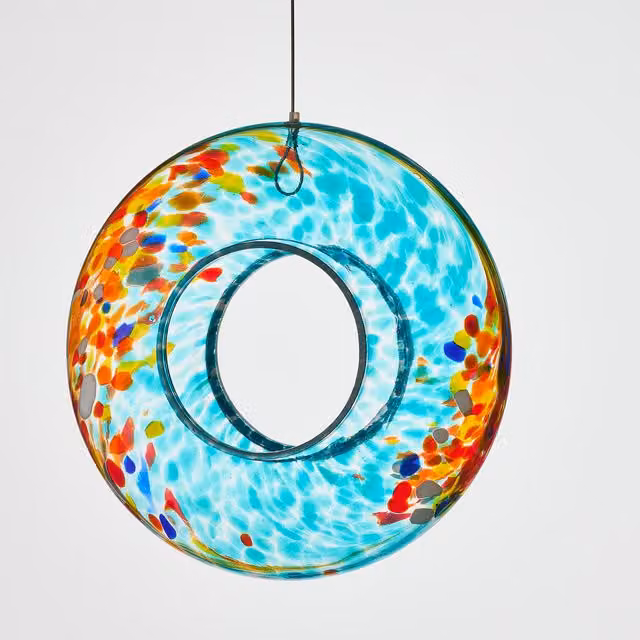 Sienna Glass Abstract Round Hanging Bird Feeder in Blue and Petrol