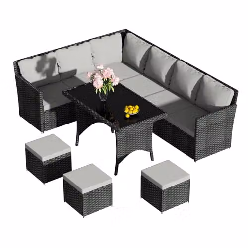 BIRCHTREE 9 Seater Black Rattan Garden Furniture Set with L-Shape Sofa, Ottoman and Coffee Table – 5