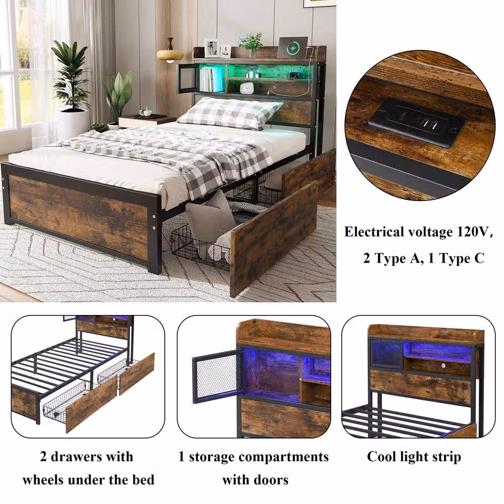 Rolipo Single Metal Bed Frame in Black with LED Lights, USB Charging Port and 2 Storage Drawers, W/D/H: 90 x 190 cm – 4