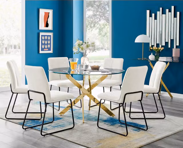 Furniturebox UK Novara Gold Leg Round Glass Dining Table with 6 Halle Chairs in Cream